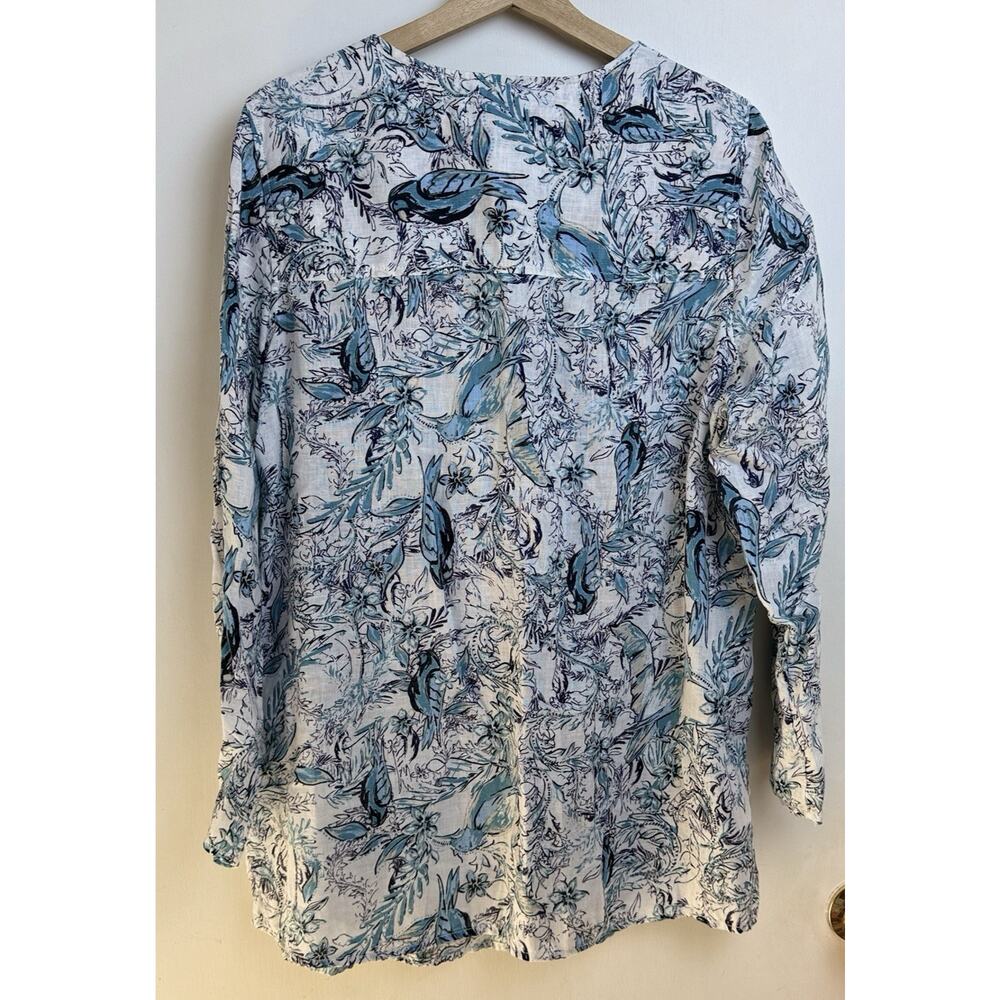 Tahari Linen Floral Blue Bird Tropical Print Button Front Tunic Cruise Vacation - Picture 2 of 7